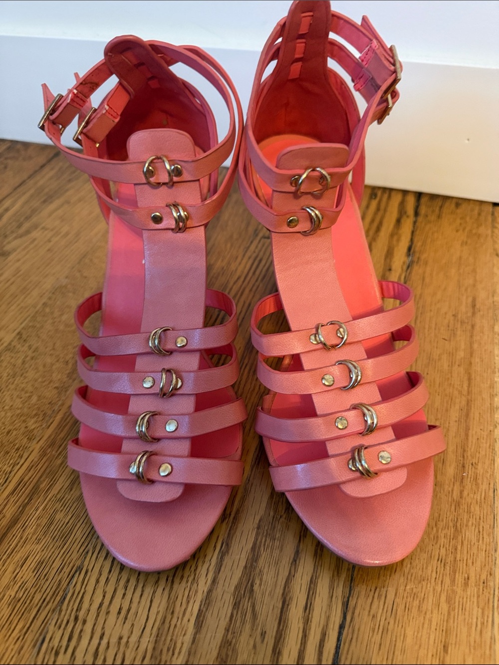 Women's Strappy flamingo Pink Ankle Buckle wedge Sandals